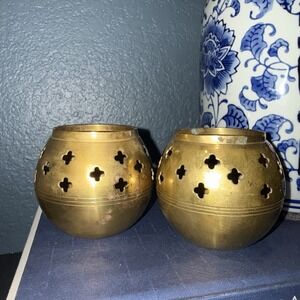 Pair Vtg Brass Tea Light Candle Holders‎ Mid Century Boho Decor